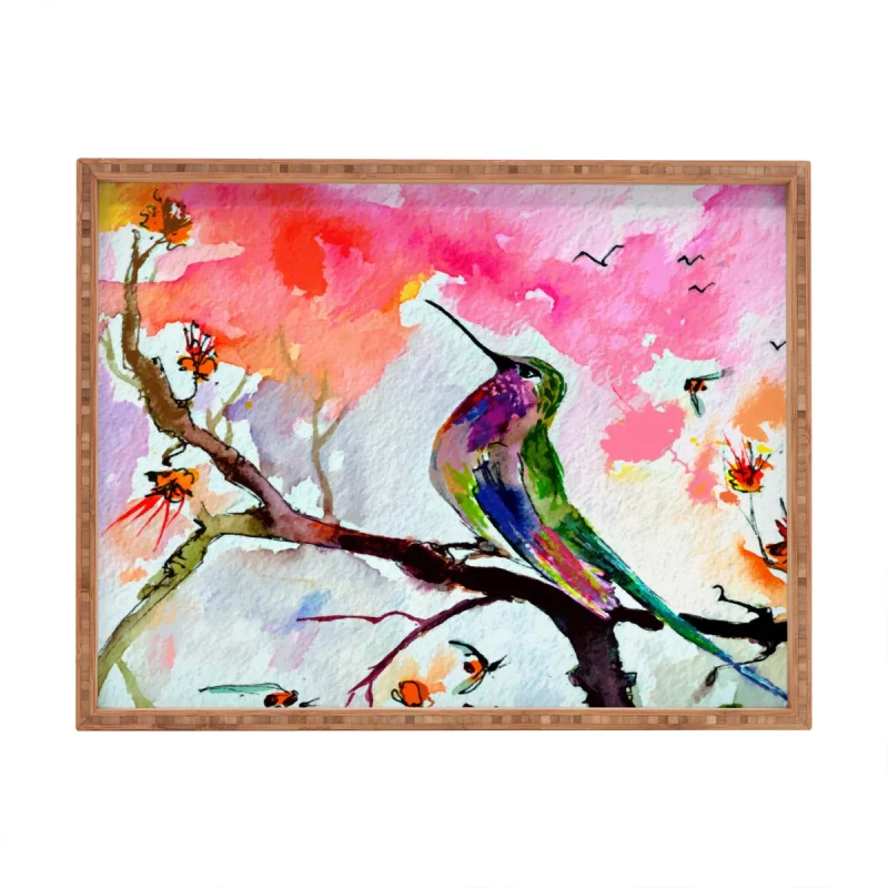 Watercolor Art Print Of Hummingbird On Wooden Tray